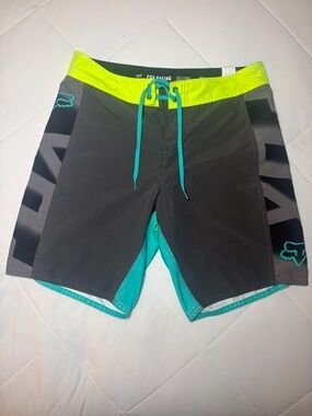 Fox Men's Gray Swim Board Shorts with Teal and Neon Yellow Accents size 32
